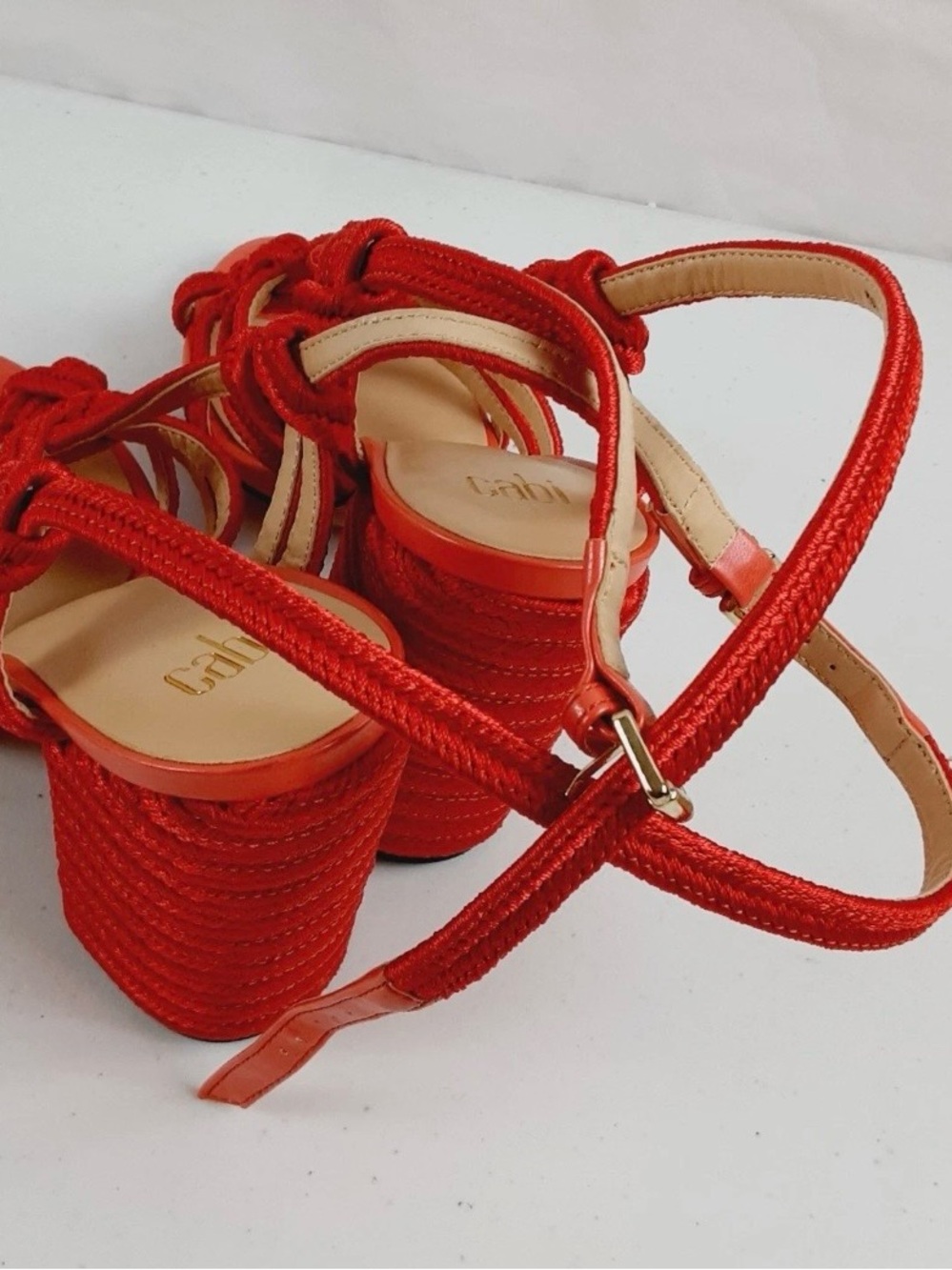 CAbi Tiptoe Sandals Sz 9 M Red Ankle Strap Block Heel Open Toe Knot - Picture 8 of 11